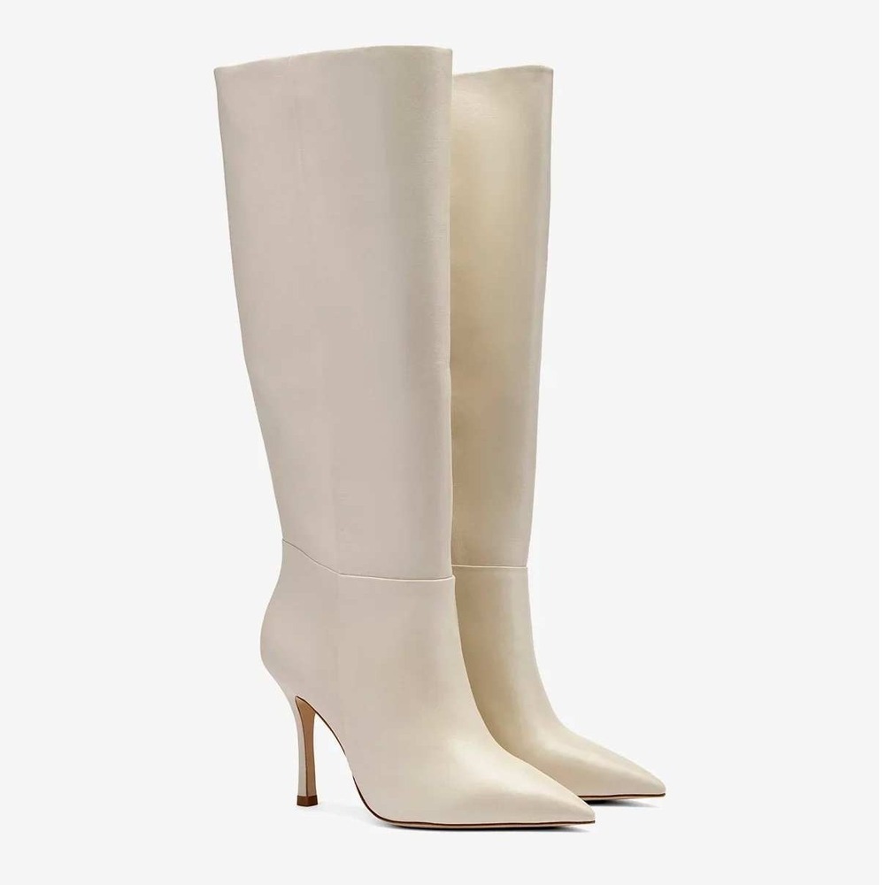 Larroudé Kate Cream Knee High Boots Pointed Toe Leather Heeled Boots Size 9